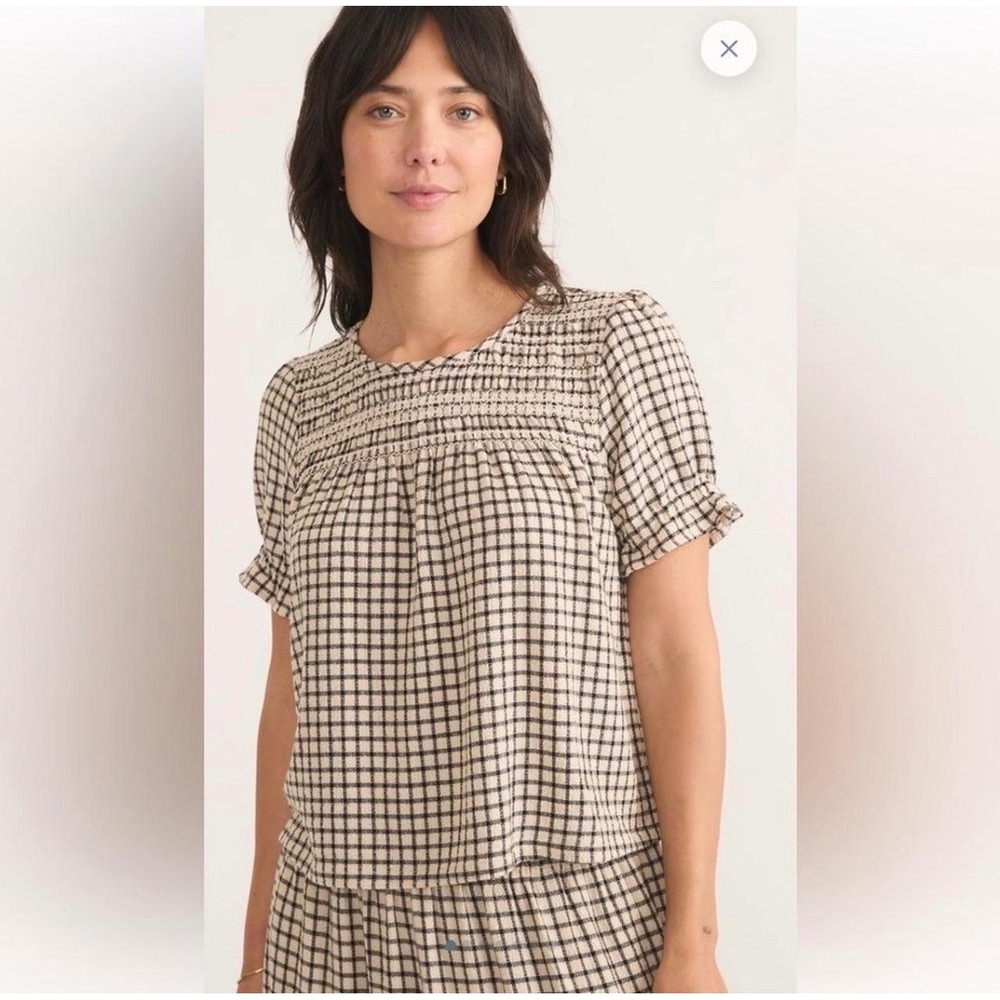 Marine Layer Elena Windowpane Plaid Smocked Yoke Top Blouse Cottagecore Sz L